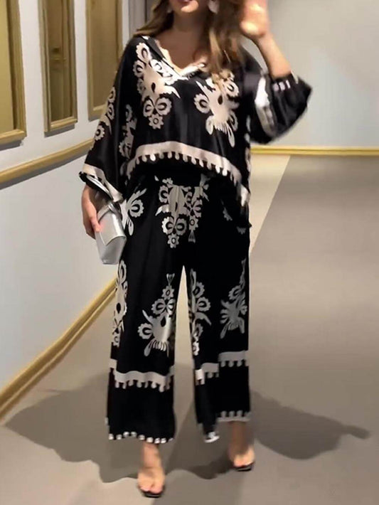 Unique Print Irregular Long Sleeve Top Long Pants Set