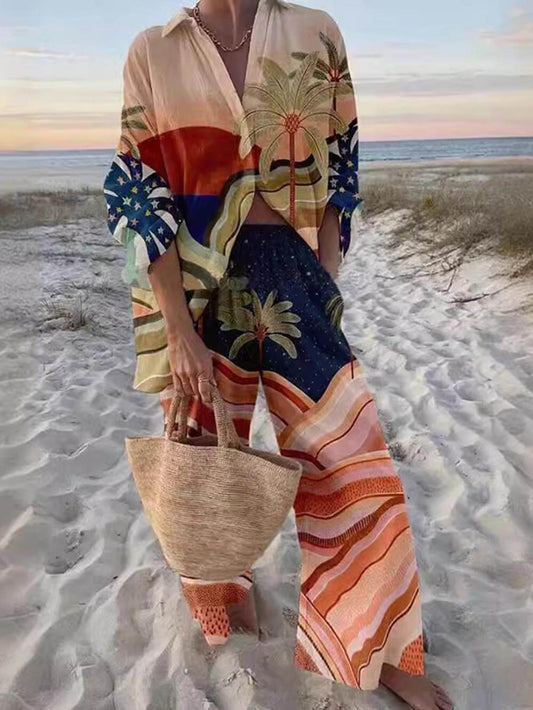 Unique Print Sunset Palms Relaxed Pants Set