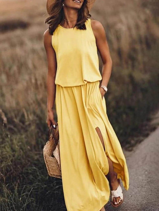 Loose Waisted Round Neck Sleeveless Slit Dress