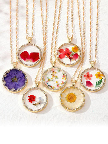 Resin Pressed Flower Necklaces - Rhinestone Birth Month Floral