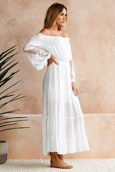 Shoulder Maxi Dress: Embroidered Off Lace Flared Sleeve