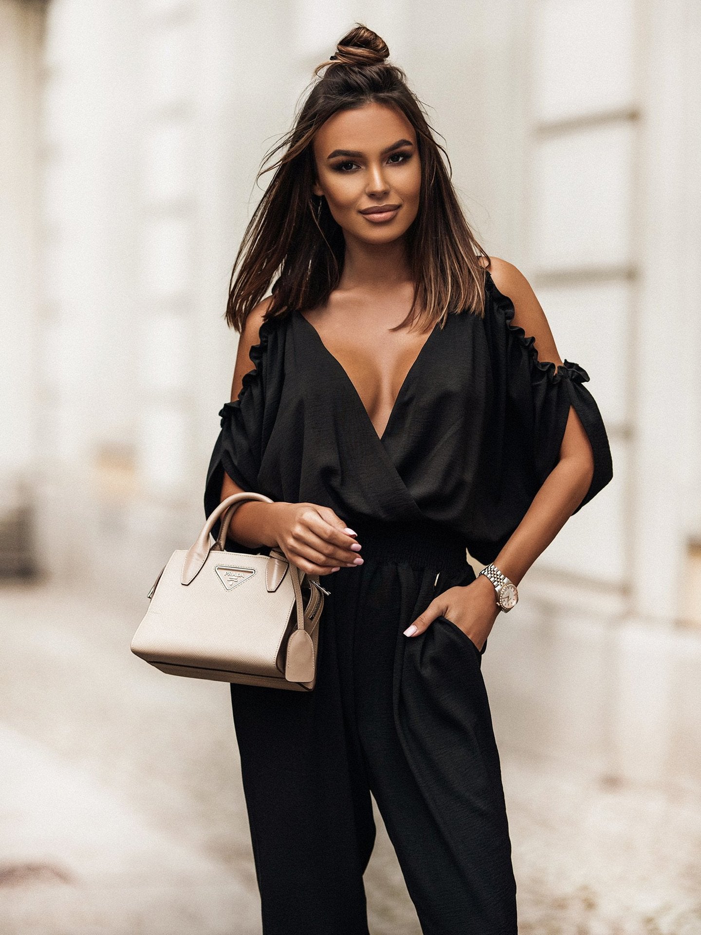 V Neck Cold Shoulder Pencil Pants Jumpsuit