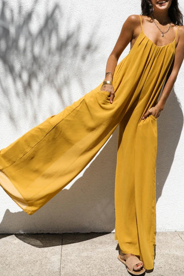 Solid Patchwork Spaghetti Strap Oversized Maxi Jumpsuit In Yellow