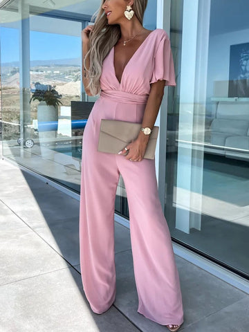 V Neck Mousseline Flutter Sleeve Jumpsuit In Dark Pimk