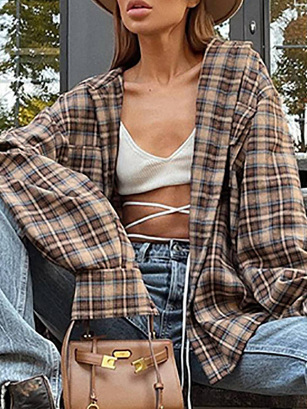 Vintage Plaid Shirts Women Loose Gingham Female Blouse Autumn