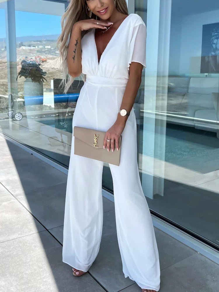 V Neck Mousseline Flutter Sleeve Jumpsuit In White