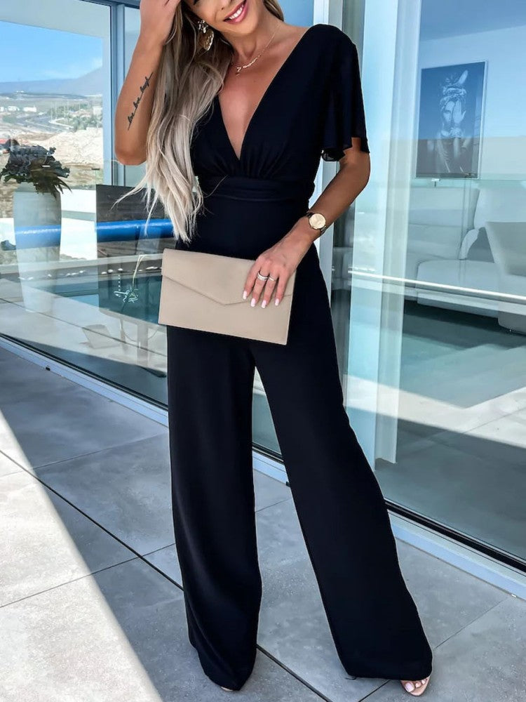 V Neck Mousseline Flutter Sleeve Jumpsuit In Black