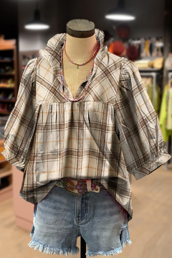 Casual Plaid Print Ruffle V-Neck Bubble Sleeve Top