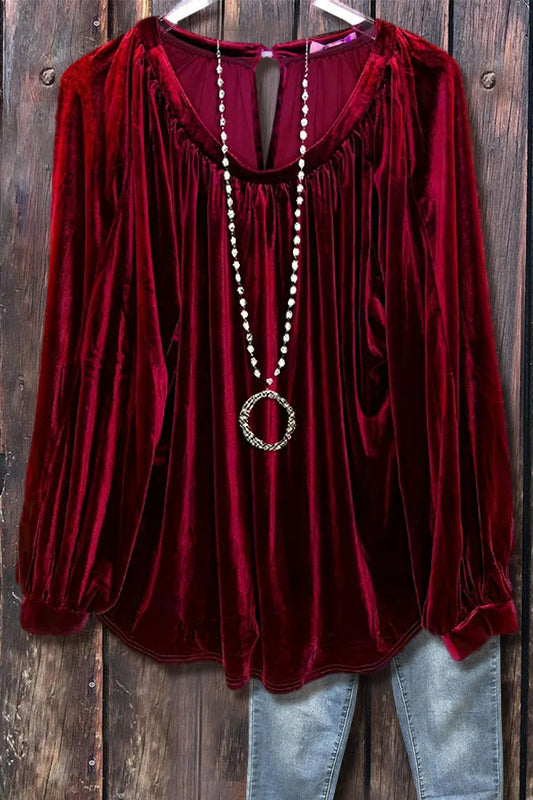 Casual V-Neck Long Sleeve Velvet Top