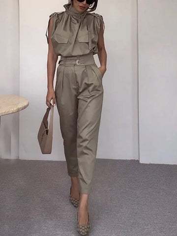 Side Pocket Belt Long Pant Set In Sage