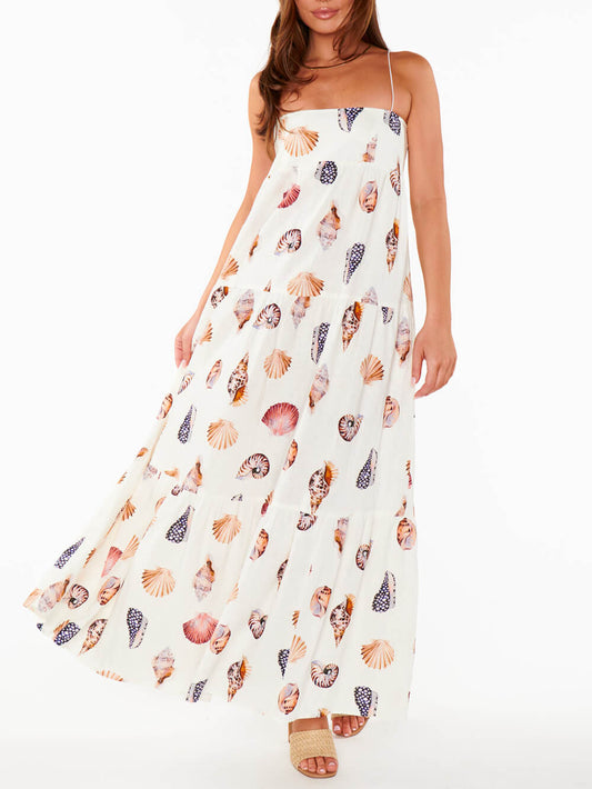 Unique Shell Conch Print Pleated Pockets Lightweight Maxi Dress