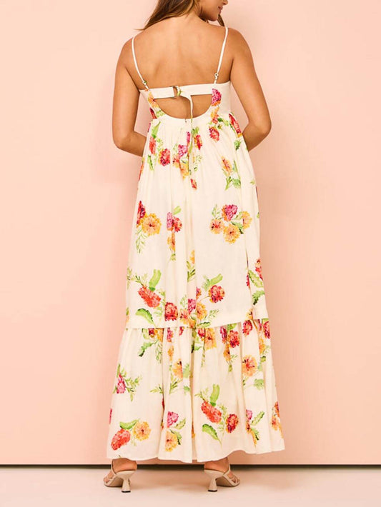 Unique Floral Print Halter Backless Extra Maxi Dress