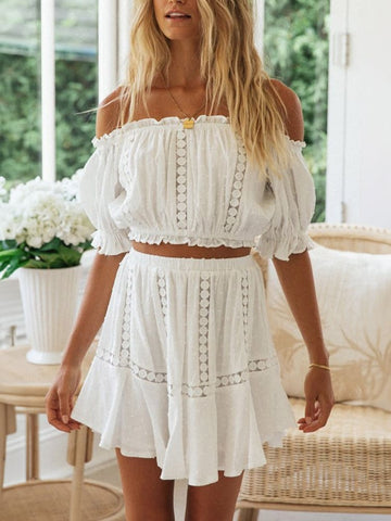 White Lace Crop Top and Skirt Matching Sets