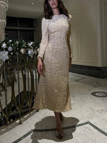 Sequin Decorated Velvet Midi Dress In Beige