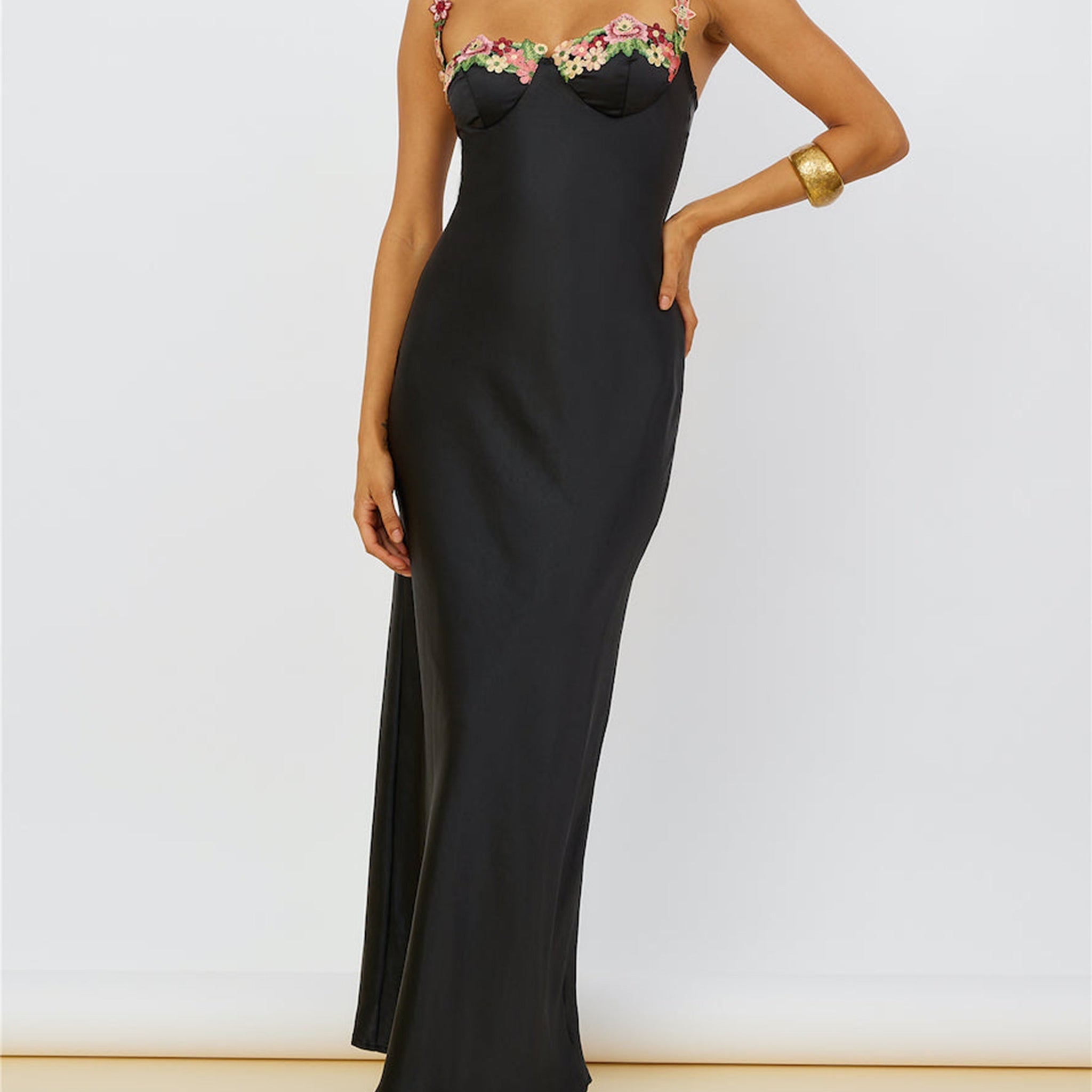 Magnetic Forces Flower Embroidery Maxi Dress Black