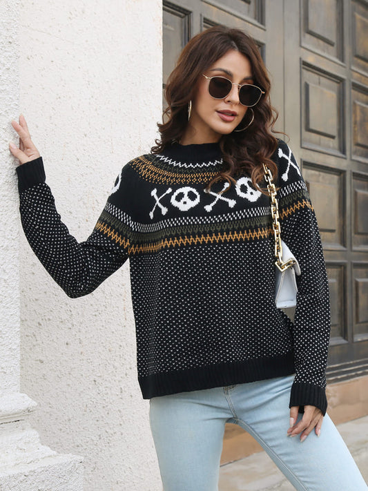 Retro Skull Pattern Round Neck Knitted Sweater