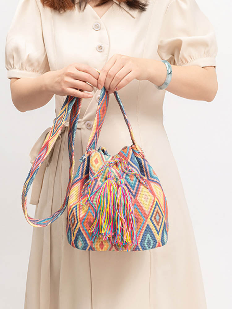 Printed Canvas Crossbody Barrel Bag