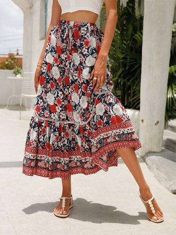 Romantic Red Floral Tiered Skirt