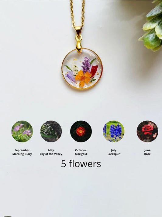 Resin Pressed Flower Necklaces - Handmade Birth Flower Bouquet