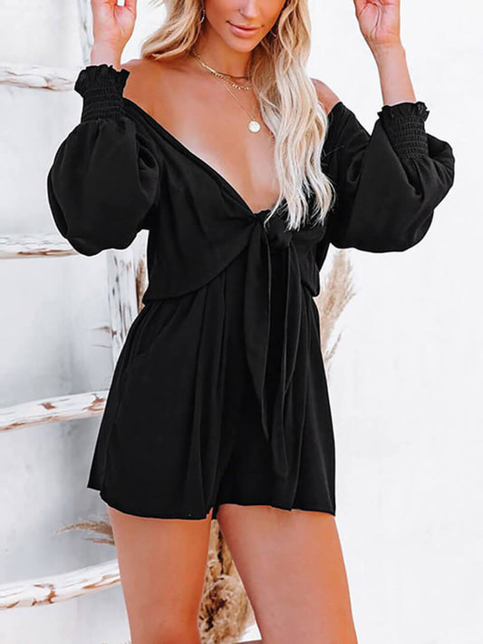 Tied Flounce Sleeve Plunge Front Tie Romper