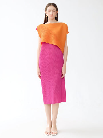 Round Neck Pleated Color Block Midi Dress