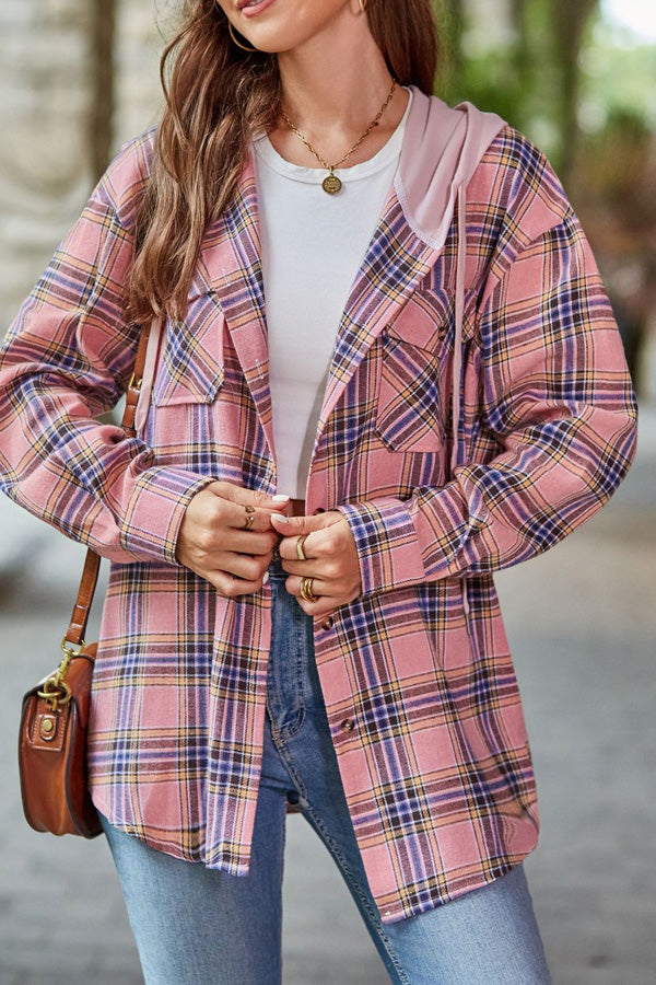 Casual Plaid Button Up Flannel Hoodie Top