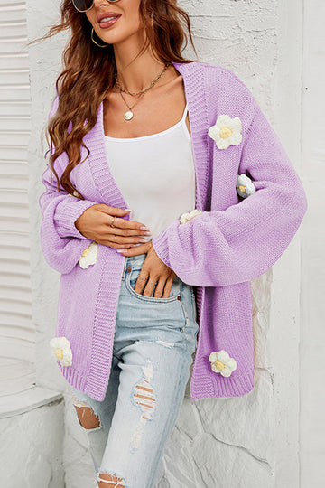 3D Stich Flower Open Front Knit Cardigan