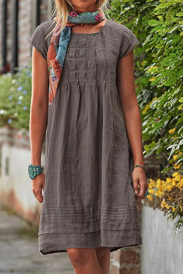 Casual Pleated Short Sleeve Cotton Dress