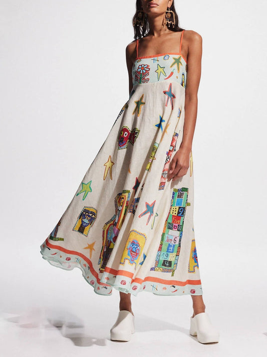 Unique Graffiti Print Suspenders Long Swing Maxi Dress