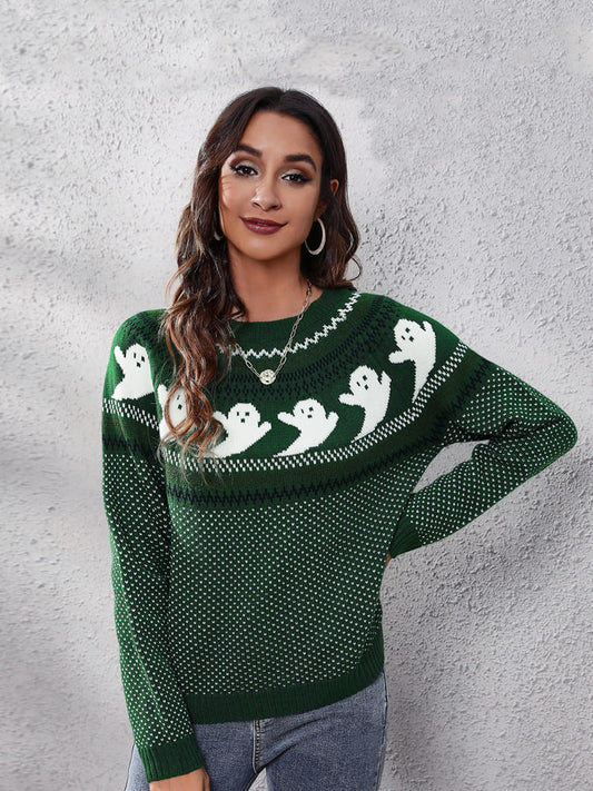 Literary Retro Ghost Pattern  Round Neck Knitted Sweater