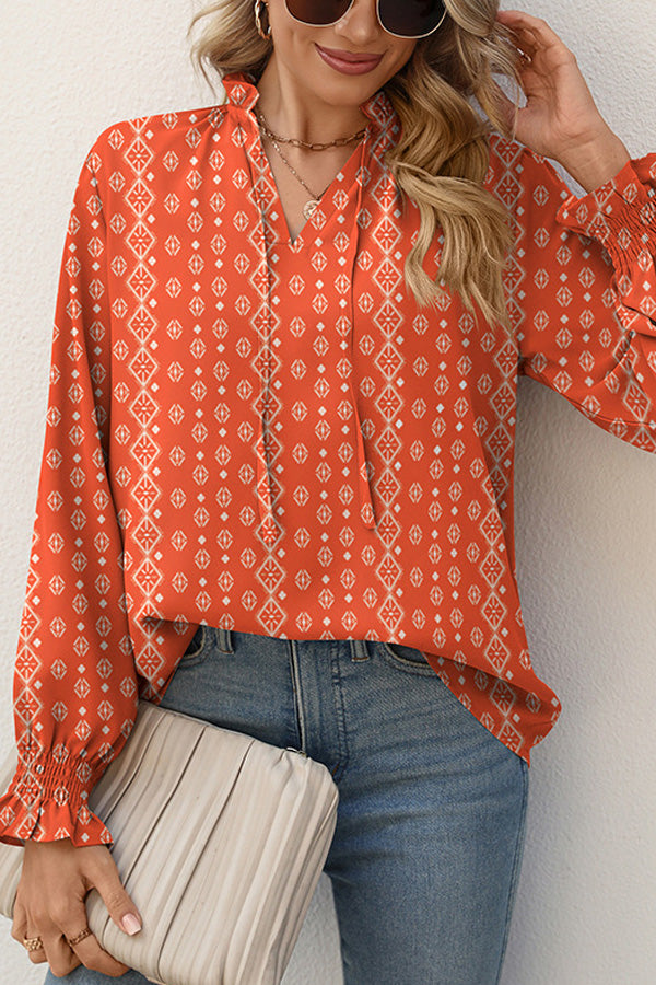 Casual Print Ruffle V-Neck Top