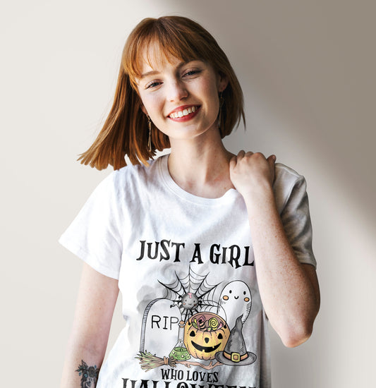 Woman T-shirt, Halloween, JUST A GIRL WHO LOVES HALLOWEEN T-Shirt, Halloween Hoodie