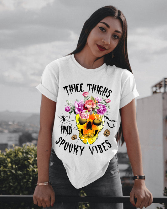 Woman T-shirt, Halloween, THICC THIGHS SPOOKY VIBES T-Shirt, Halloween Hoodie