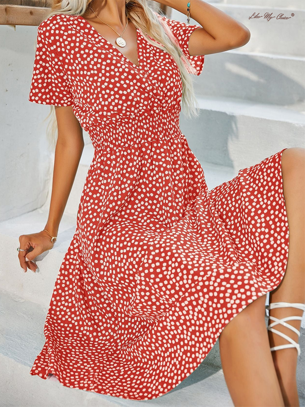 V-neck Polka Dot Crushed Flower Short Sleeve Dress