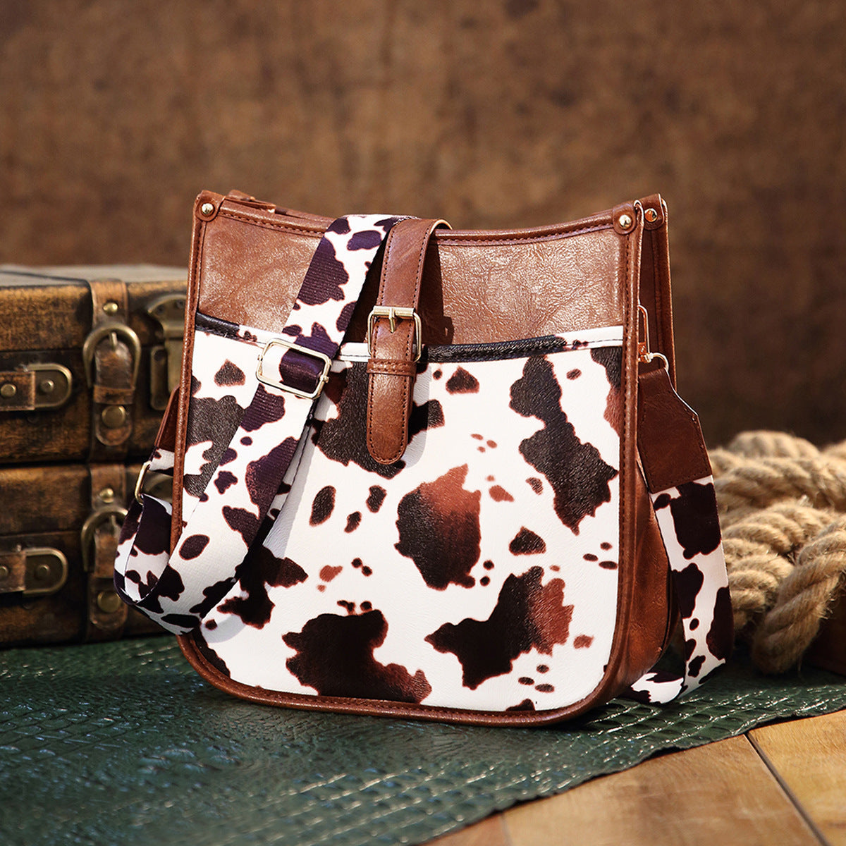 Western Cowboy Style Brown Cow Print Crossbody Bag