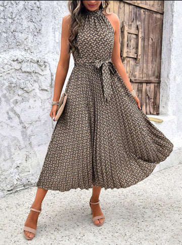 Women's Patterned Sleeveless Halterneck Midi Dress with Waist Tie