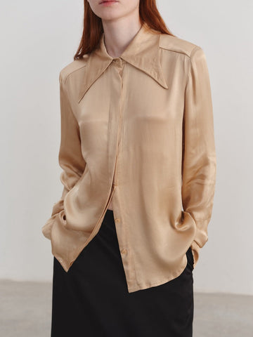 Satin Pointed Collar Long Sleeve Shirt