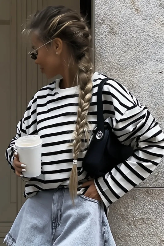 Round Neck Shirt Black Stripe Blouse