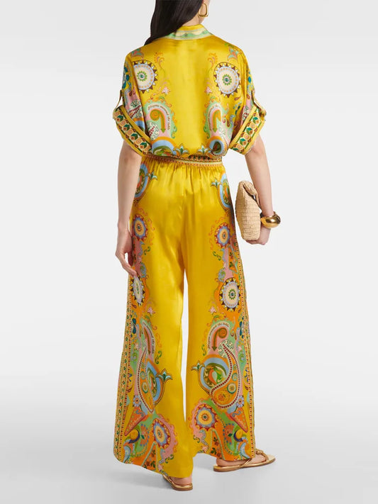 Sophisticated Satin Unique Cashew FlowPrint Button Oversized Pants Set