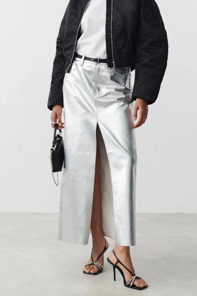 Silver High Waist Pencil Maxi Skirt