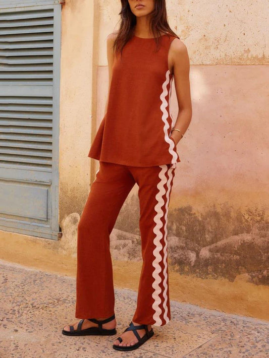 Sleeveless Loose Slit Top And Wide-Leg Pants Set