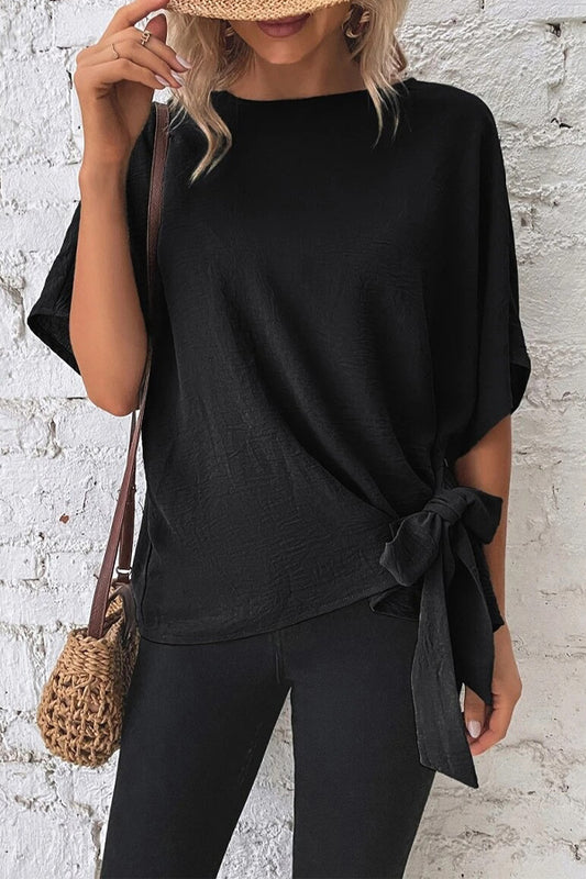 Casual Bow Tie Batwing Sleeve Top