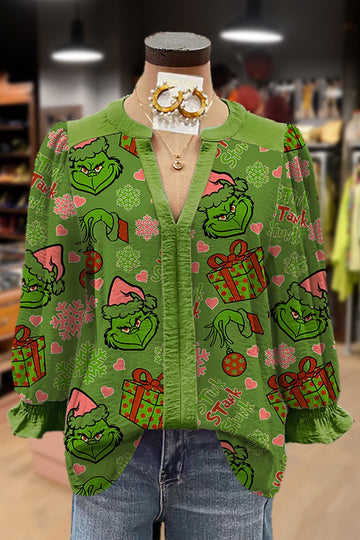 Christmas Grinch Print V-Neck Cuff Sleeve Top