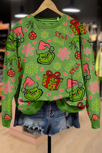 Casual Mixed Grinch Print Long Sleeve Sweatshirt