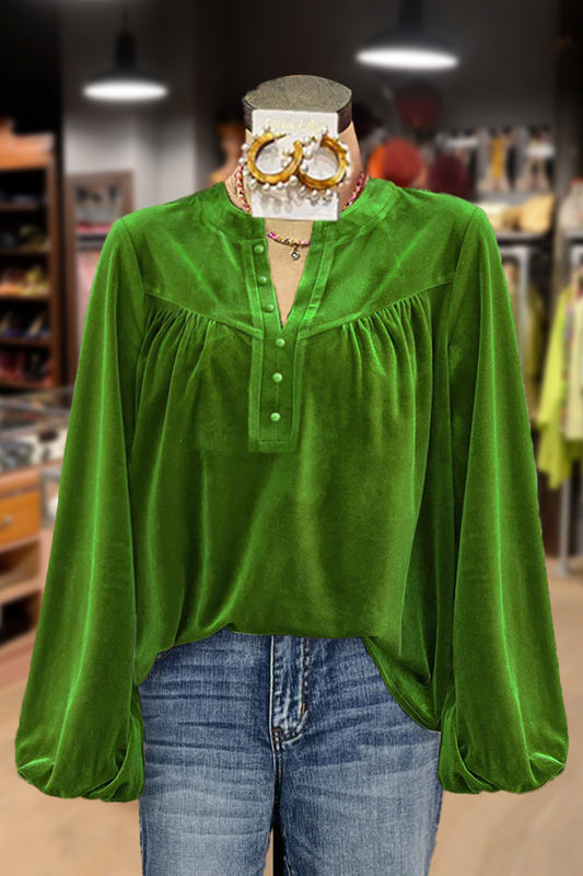 Casual Button Detailed Long Sleeve Velvet Top