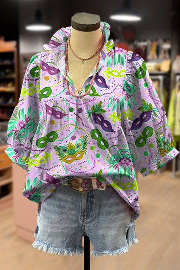 Casual Mardi Gras Print V-Neck Bubble Sleeve Top