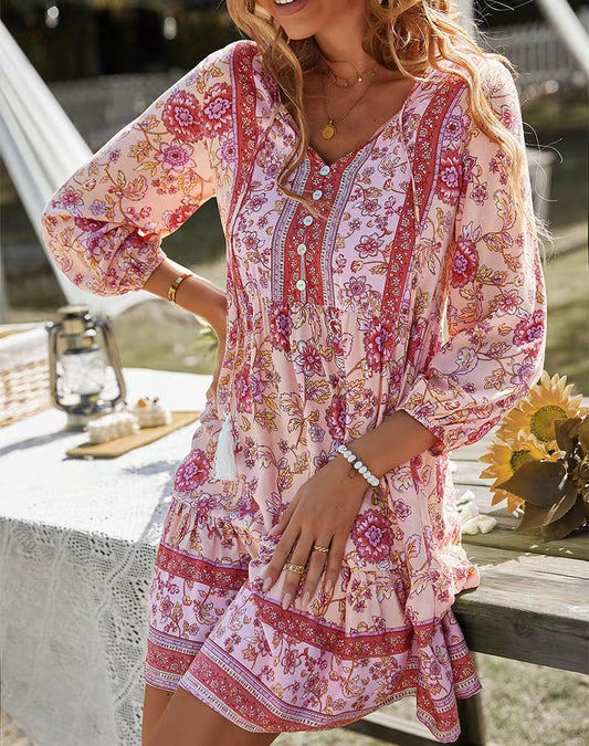 V-neck Printed Casual Bohemian Short Dress