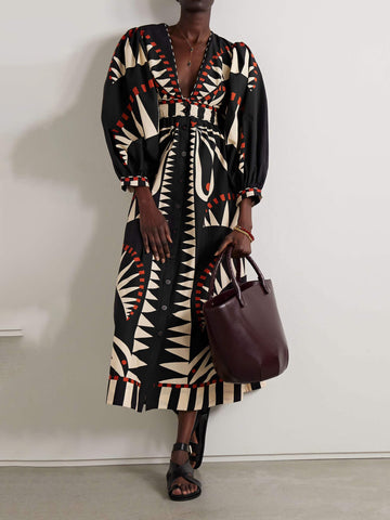 Unique Coconut Jungle Print Puff Sleeve Long Midi Dress