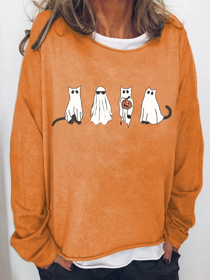 Women's Halloween Ghost Cat Print Casual Crew Neck Sweatshirt