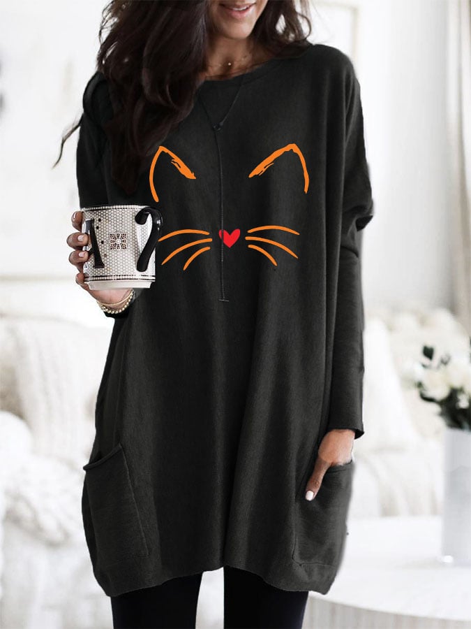 Women's Halloween Cute Cat Print Pocket Long T-Shirt